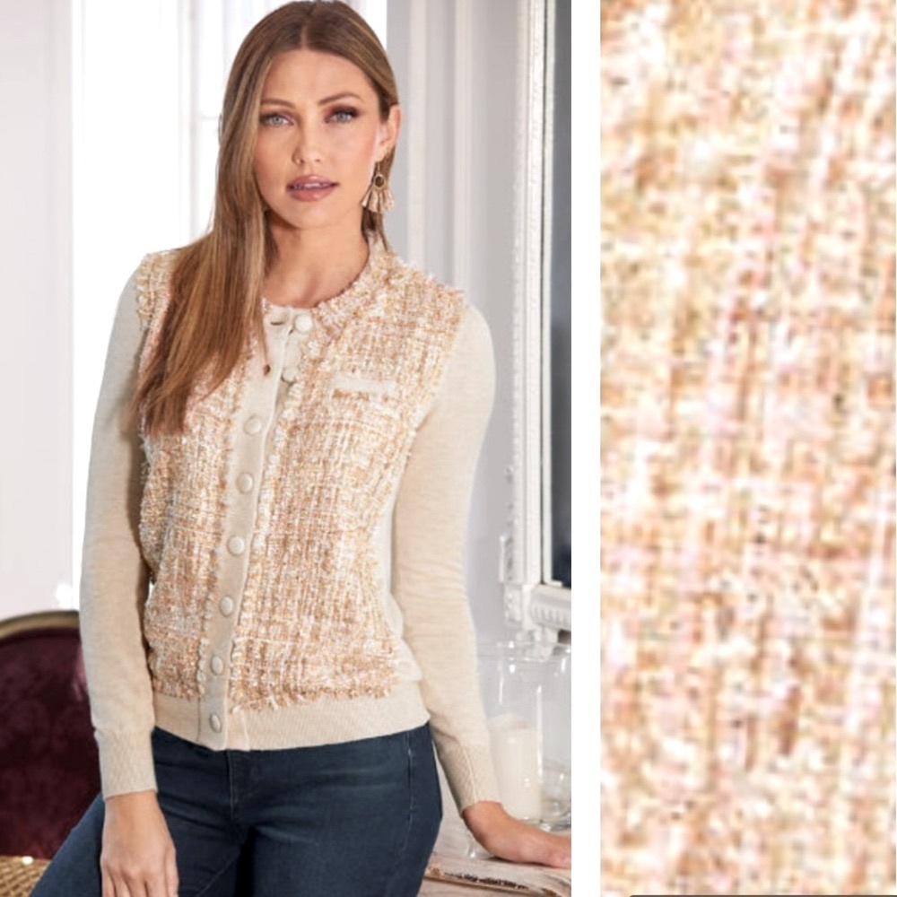 Cliche Tweed Button Down Cardigan Woven Texture Neutral Coloring Tan/Cream SZ S